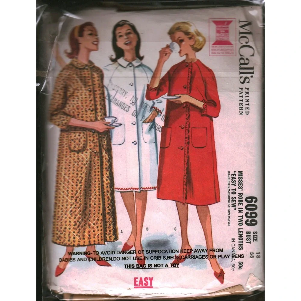 Vintage 1961 McCalls 6099 Sewing Pattern Misses Robe Two Lengths Size 18 Bust 38